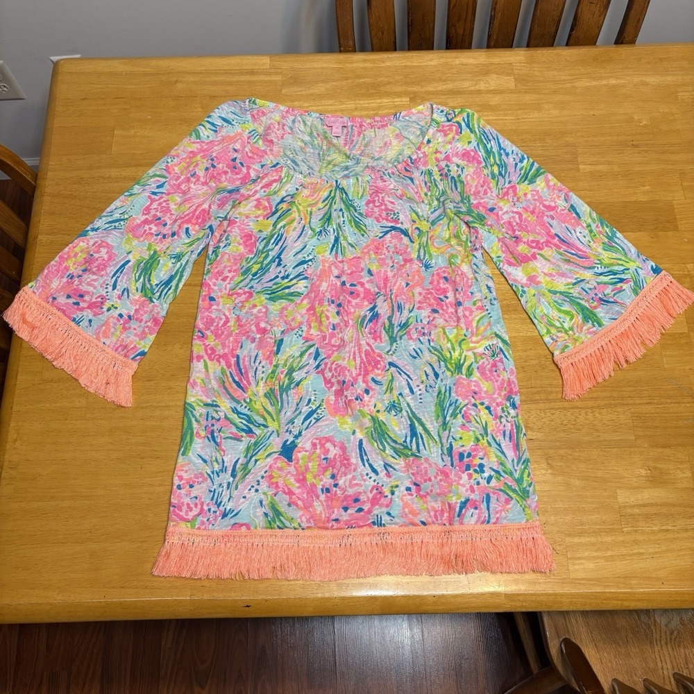 Lilly Pulitzer Top Shirt Swim Cover Up Womens Size XS Fringe Linen‎ Tunic 25256